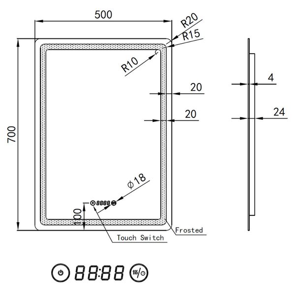 Welland Type-20V LED tükör - fényerő + színhőfok állítás + páramentesítő + óra - 50 x 70 cm