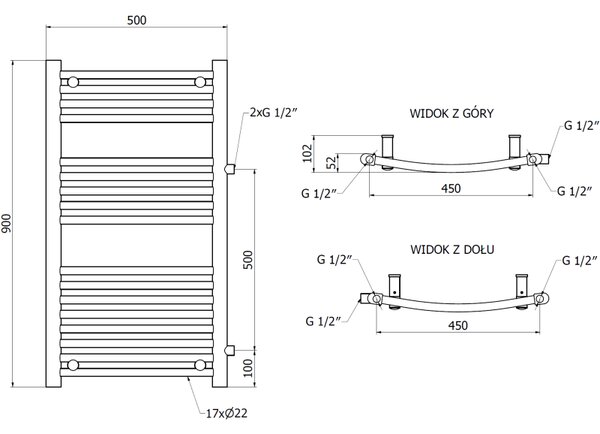 Mexen Ares, fűtőelem 900 x 500 mm, 372 W, oldalsó jobb és alsó csatlakozás, fekete, W102-0900-500-00-70-S