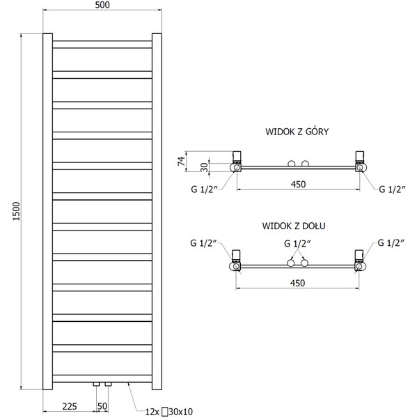 Mexen csavar, fűtőelem 1500 x 500 mm, 389 W, alul és középen, fehér, W126-1500-500-00-20