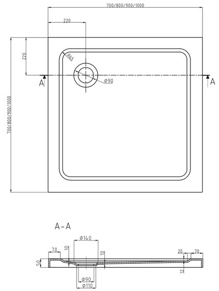 Mexen Flat slim négyzet alakú zuhanytálca 70 x 70 cm, fehér, króm szifon - 40107070