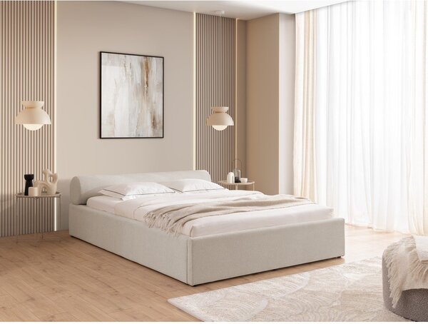 Bézs kárpitozott ágyneműtartós franciaágy ágyráccsal 180x200 cm Cille – Ropez