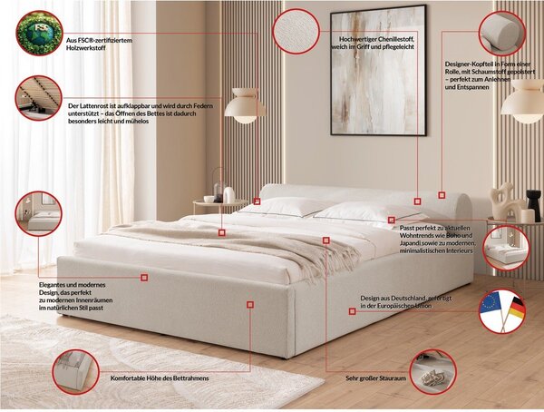 Bézs kárpitozott ágyneműtartós franciaágy ágyráccsal 180x200 cm Cille – Ropez