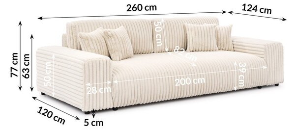 Krémszínű kordbársony kinyitható-tárolóhelyes kanapé 260 cm Justin – Ropez