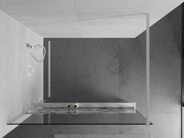 Mexen Kioto+, küszöb nélküli zuhanykabin polccal és akasztóval 110 x 200 cm, 8 mm átlátszó üveg fehér mintás, fehér profil, 800-110-121-20-85