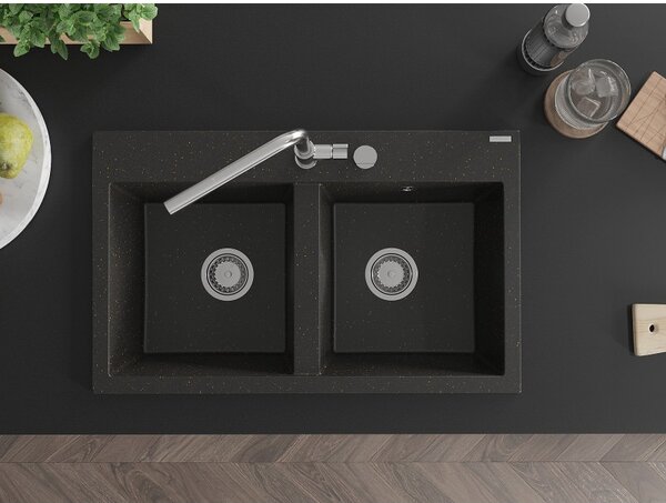 Mexen Hektor, 2 kamrás gránit mosogató 800x480x205 mm, fekete-arany metál, króm szifon, 6521802000-75
