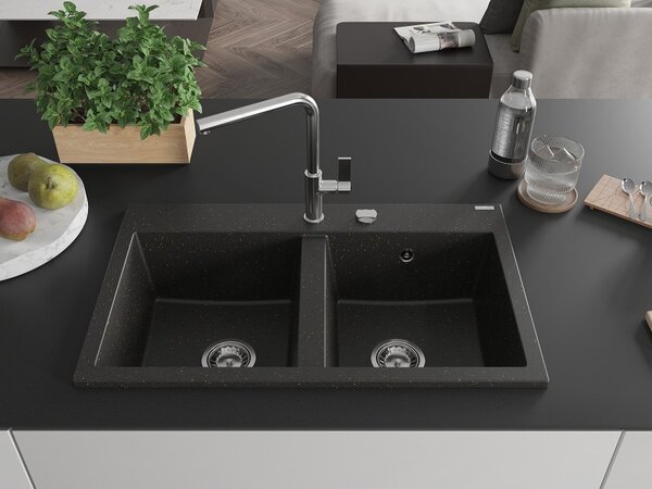 Mexen Hektor, 2 kamrás gránit mosogató 800x480x205 mm, fekete-arany metál, króm szifon, 6521802000-75