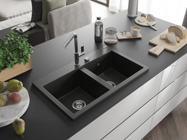 Mexen Hektor, 2 kamrás gránit mosogató 800x480x205 mm, fekete-arany metál, króm szifon, 6521802000-75
