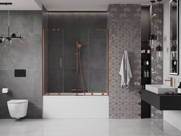 Mexen Velar Duo, 2 szárnyas eltolható kádparaván 160 x 150 cm, 8mm átlátszó üveg, rózsa arany profil, 896-160-000-02-60