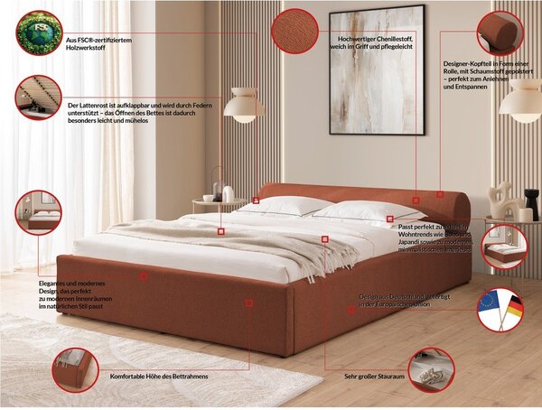 Terrakotta színű kárpitozott ágyneműtartós franciaágy ágyráccsal 140x200 cm Cille – Ropez