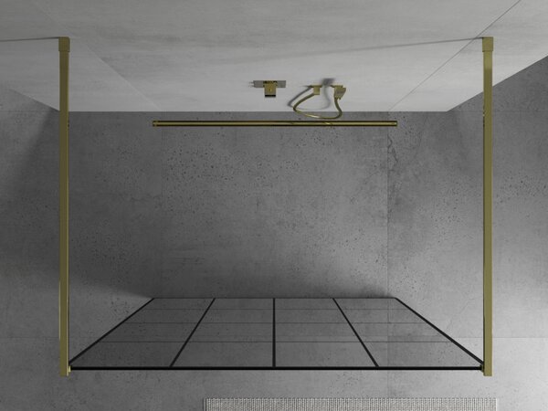 Mexen Kioto, átmenő zuhanyparaván 130 x 200 cm, 8mm átlátszó üveg / fekete mintás, 2x arany stabilizáló távtartó, 800-130-002-50-77