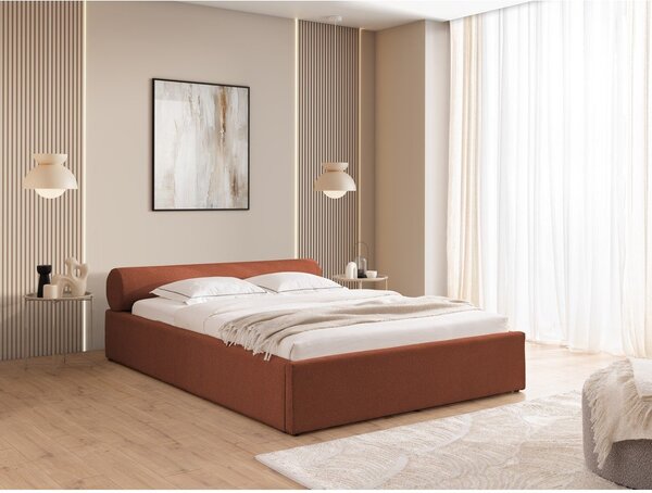 Terrakotta színű kárpitozott ágyneműtartós franciaágy ágyráccsal 140x200 cm Cille – Ropez