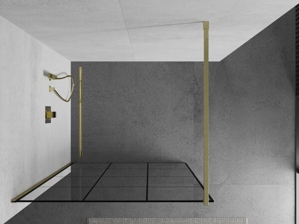 Mexen Kioto, Walk-In zuhany paraván 100 x 200 cm, 8 mm átlátszó üveg fekete mintás, arany matt profil, 800-100-101-55-77