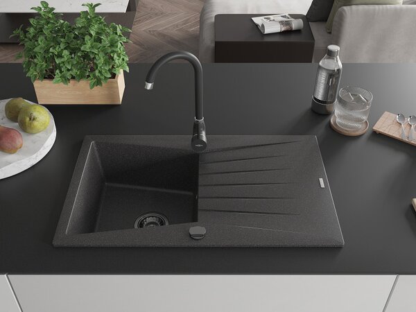 Mexen Cesar, gránit mosogató 775x470x190 mm, 1 kamrás, fekete foltos fekete szifonnal, 6514771010-76-B