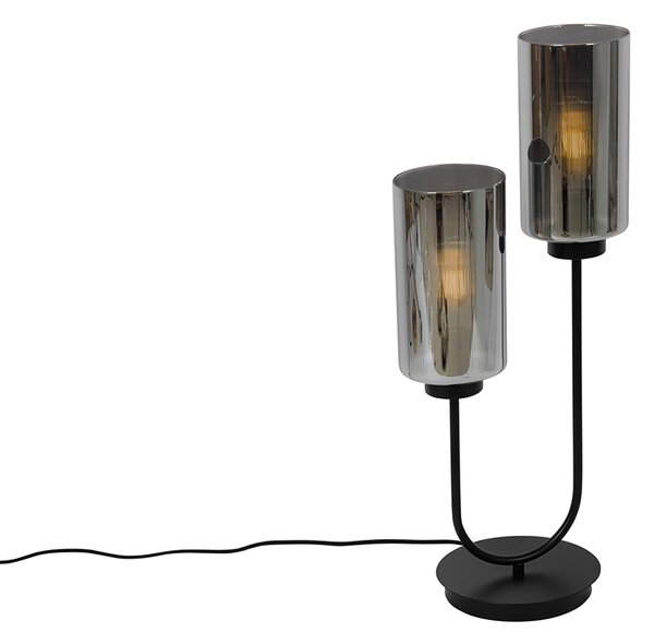 Art Deco tafellamp zwart met smoke glas 2-lichts - Laura