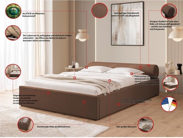 Barna kárpitozott ágyneműtartós franciaágy ágyráccsal 160x200 cm Cille – Ropez