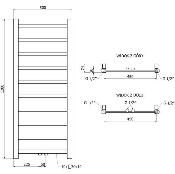Mexen csavar, fűtőelem 1200 x 500 mm, 251 W, alul és középen, fényes arany, W126-1200-500-00-50