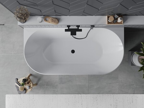 Mexen Oval Slim, szabadon álló fali kád 170 x 80 cm, fényes fehér, matt fekete túlfolyóval, 52661708000-70
