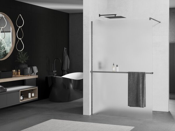 Mexen Kioto+, Walk-In zuhanyparaván polccal és akasztóval 130 x 200 cm, 8 mm-es matt üveg, grafit profil, 800-130-121-95-30
