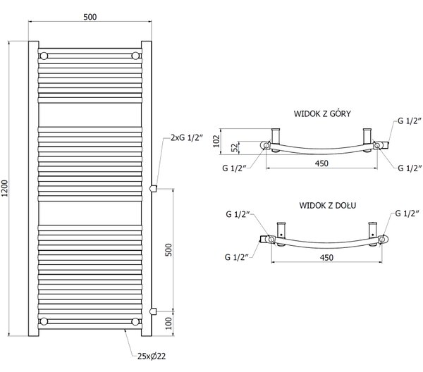 Mexen Ares, radiátor 1200 x 500 mm, 531 W, oldalsó jobb és alsó csatlakozás, fehér, W102-1200-500-00-20-S