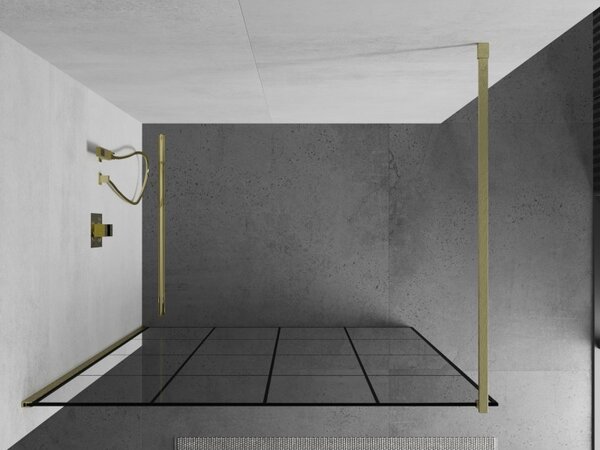 Mexen Kioto, Walk-In zuhany paraván 130 x 200 cm, 8 mm átlátszó üveg fekete mintás, arany matt profil, 800-130-101-55-77
