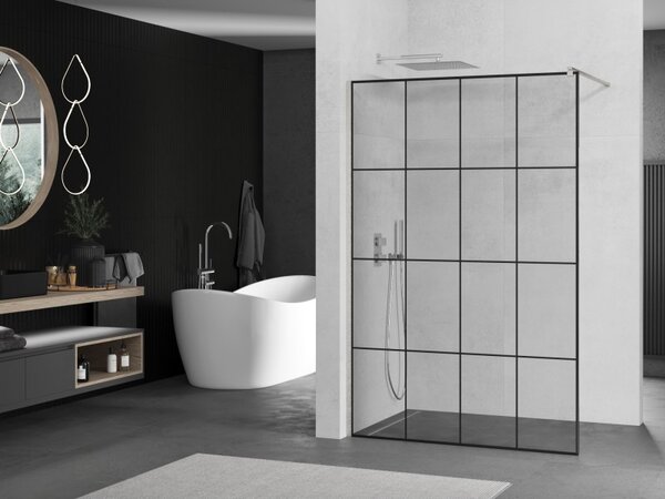 Mexen Kioto, Walk-In zuhanyparaván 130 x 200 cm, 8 mm átlátszó üveg fekete mintás, csiszolt acél profil, 800-130-101-97-77
