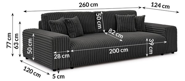 Sötétszürke kordbársony kinyitható-tárolóhelyes kanapé 260 cm Justin – Ropez