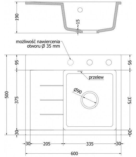 Mexen Ben, 1 kamrás gránit mosogató 600x500x190 mm, jobb + fekete szifon, szürke, 6523605000-71-B