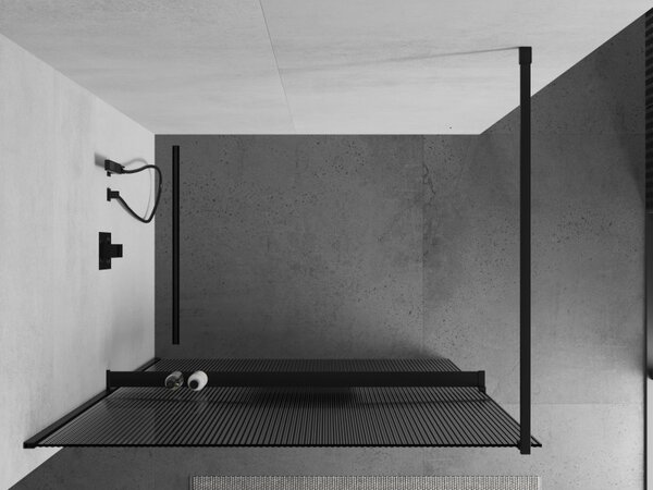 Mexen Kioto, zuhanyparaván polccal és törülközőtartóval 70 x 200 cm, 8 mm-es üveg bordás mintával, fekete profil, 800-070-121-70-09