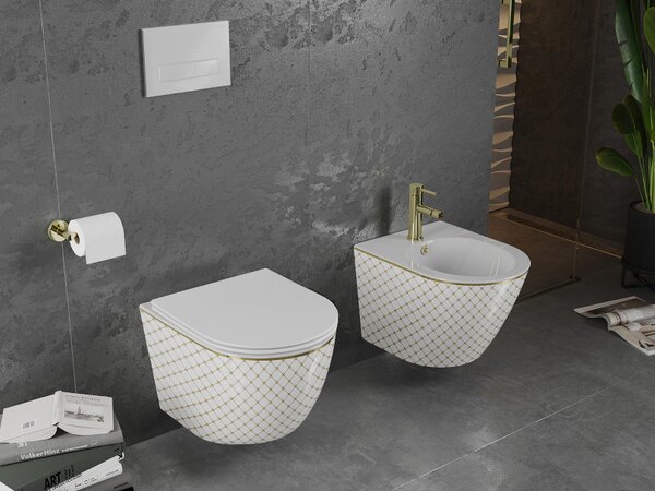 Mexen Lena, függő WC csésze 480x360x355 mm, fehér - arany mintás, 30224009