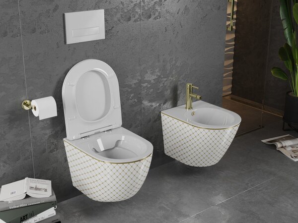 Mexen Lena, függő WC csésze 480x360x355 mm, fehér - arany mintás, 30224009