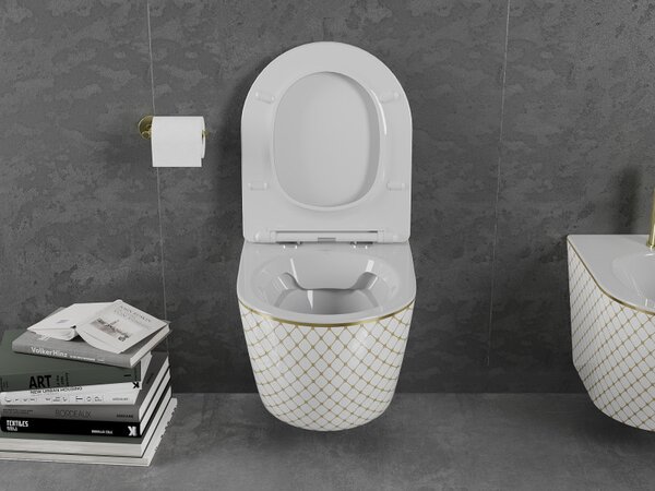 Mexen Lena, függő WC csésze 480x360x355 mm, fehér - arany mintás, 30224009