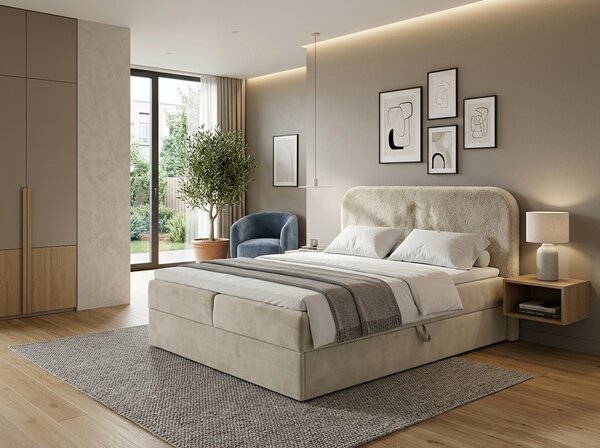 Kárpitozott boxspring ágy FORENA 140x200 cm krém színben Matrac: Bonell rugós matrac