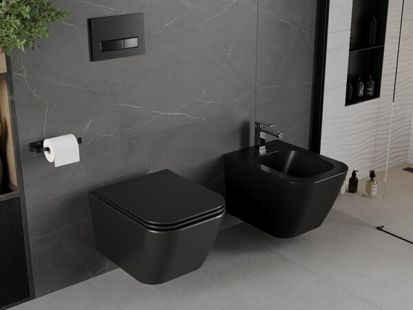 Mexen Madox, Perem nélküli falra szerelhető wc csésze 515x365x350 mm, lassan eső SLIM ülőke duroplasztból, fekete matt, 30154070
