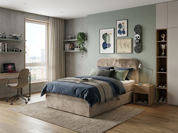 Kárpitozott boxspring ágy FORENA 90x200 cm bézs Matrac: Bonell rugós matrac
