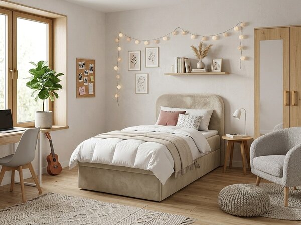 Kárpitozott boxspring ágy FORENA 90x200 cm krém színben Matrac: Bonell rugós matrac