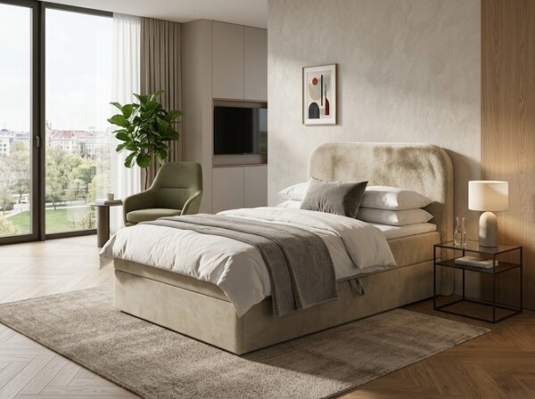 Kárpitozott boxspring ágy FORENA 90x200 cm krém színben Matrac: Bonell rugós matrac