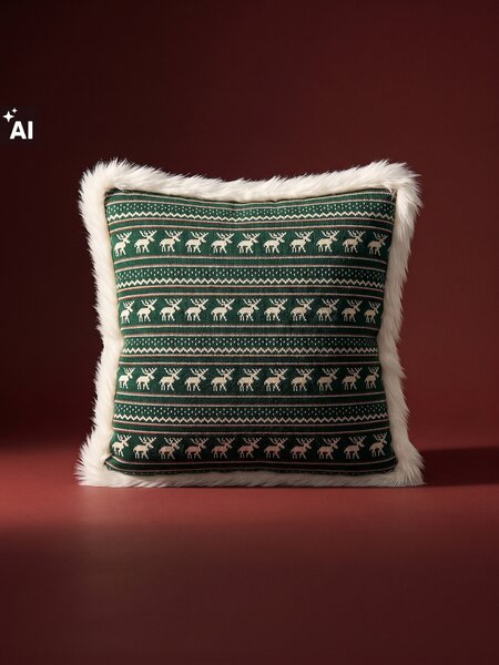 Sinsay - Jacquard párnahuzat karácsonyi motívummal és műszőrmével - zöld