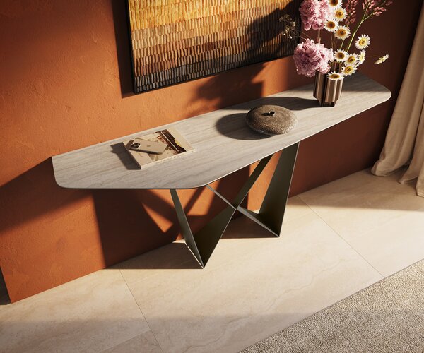 DELIFE Konzolasztal Edge poligonális 180x50 cm kerámia Laminam® Travertino Bianco krémfehér Spios fém titán effektfinish