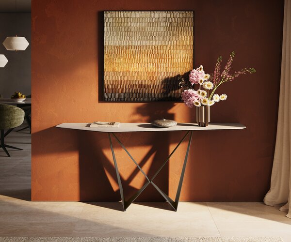 DELIFE Konzolasztal Edge poligonális 180x50 cm kerámia Laminam® Travertino Bianco krémfehér Spios fém titán effektfinish