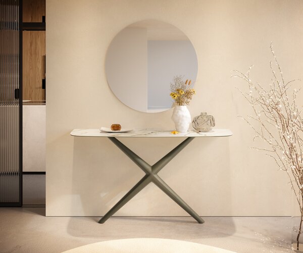 DELIFE Konzolasztal Edge hajóformájú 140x40 cm kerámia Calacatta Luxe fehér arany szürke Estelo fém titán színű hatású