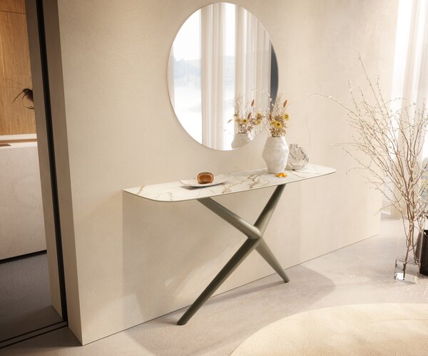 DELIFE Konzolasztal Edge hajóformájú 140x40 cm kerámia Calacatta Luxe fehér arany szürke Estelo fém titán színű hatású