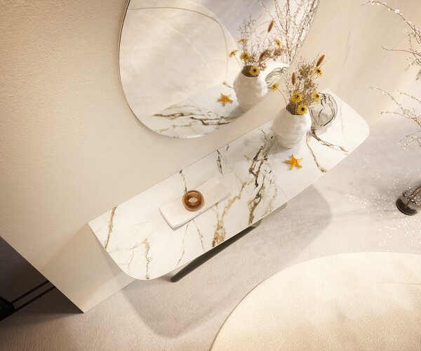 DELIFE Konzolasztal Edge hajóformájú 140x40 cm kerámia Calacatta Luxe fehér arany szürke Estelo fém titán színű hatású