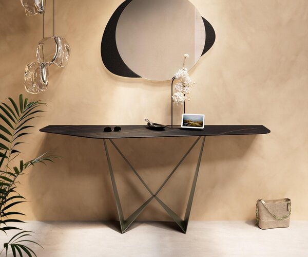 DELIFE Konzolasztal Edge poligonális 180x50 cm Laminam® kerámia Noir Desir barna Spios fém titán effekt finish