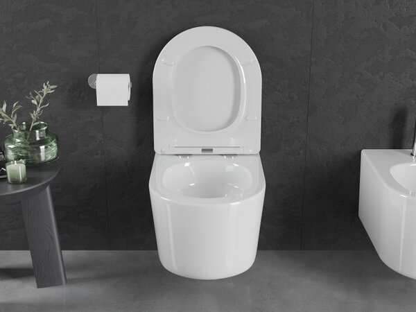 Mexen Sofia, falra akasztható WC csésze 490x360x355 mm, Perem nélküli Tornado + duroplast wc ülőke, fényes fehér, 30540400T