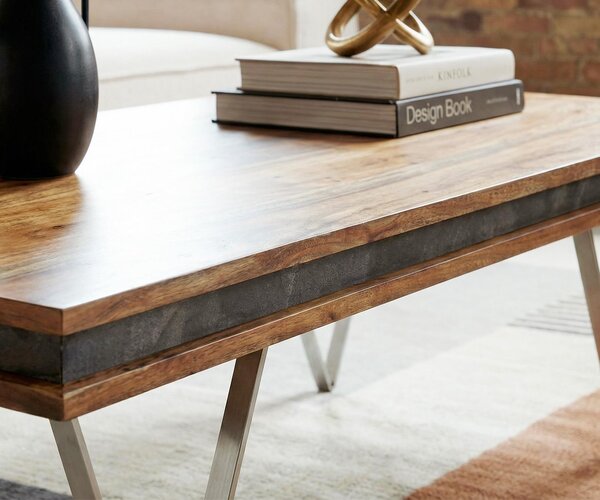 DELIFE Design dohányzóasztal Stonegrace 117x60x25 cm akác természetes pala