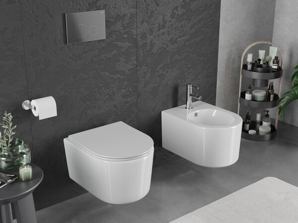 Mexen Sofia, falra akasztható WC csésze 490x360x355 mm, Perem nélküli Tornado + duroplast wc ülőke, fényes fehér, 30540400T