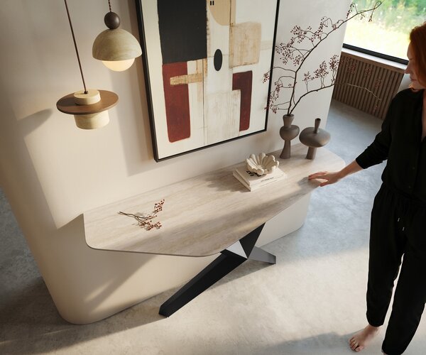 DELIFE Konzolasztal Edge poligonális 140x50 cm Laminam® Travertino Bianco krémfehér Zentharo fém fekete