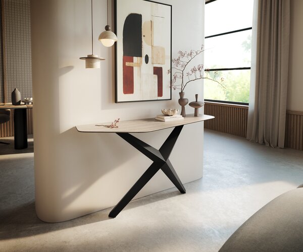 DELIFE Konzolasztal Edge poligonális 140x50 cm Laminam® Travertino Bianco krémfehér Zentharo fém fekete
