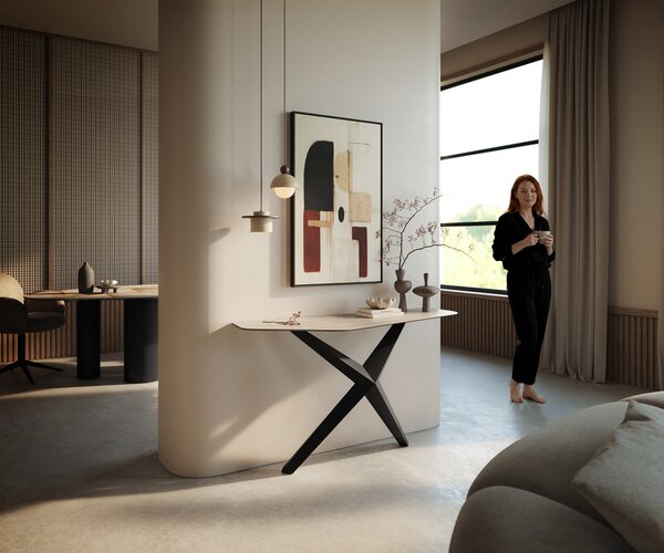 DELIFE Konzolasztal Edge poligonális 140x50 cm Laminam® Travertino Bianco krémfehér Zentharo fém fekete