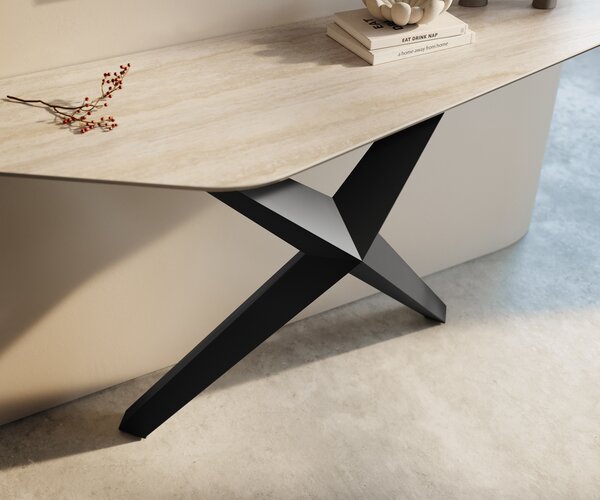 DELIFE Konzolasztal Edge poligonális 140x50 cm Laminam® Travertino Bianco krémfehér Zentharo fém fekete